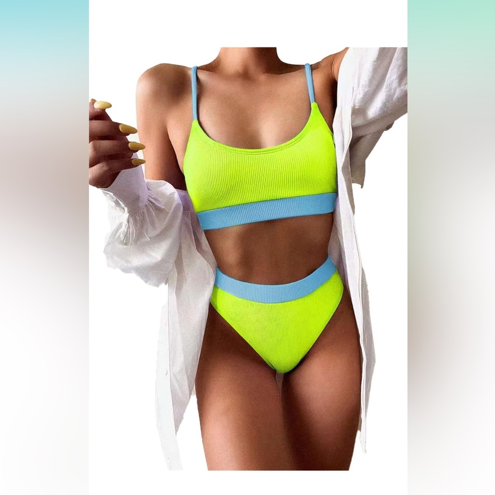 Ribbed Neon Tummy Control High Waisted Bikini Set Cheeky Swimsuit 2 Piece SZ L
